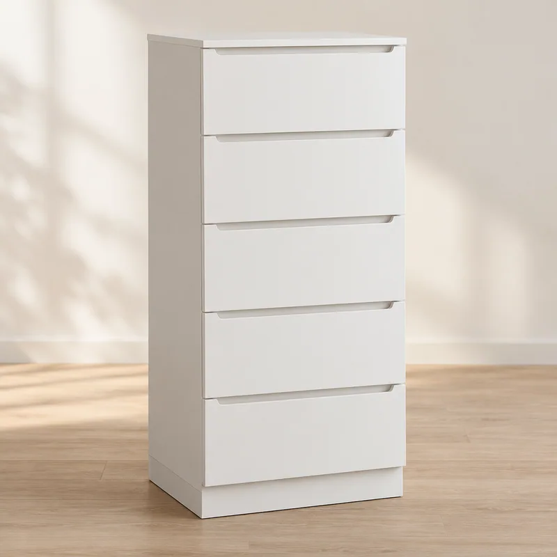 AI-generated unbranded dresser concept; not the actual STORKLINTA narrow 5-drawer
