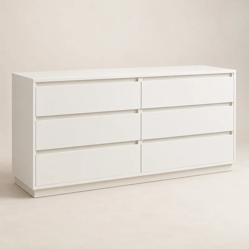 AI-generated unbranded dresser concept; not the actual STORKLINTA wide 6-drawer