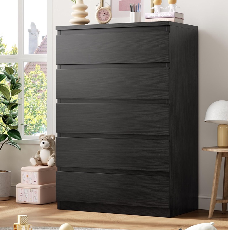 Black Jocoevol five-drawer storage dresser, exact ASIN B0F59JYDWJ